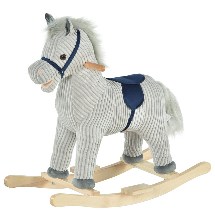Plush Rocking Horse with Sound Effects - Ribbed Grey Fabric, Kids Ride-On Toy - Perfect for Playtime and Nursery Decor