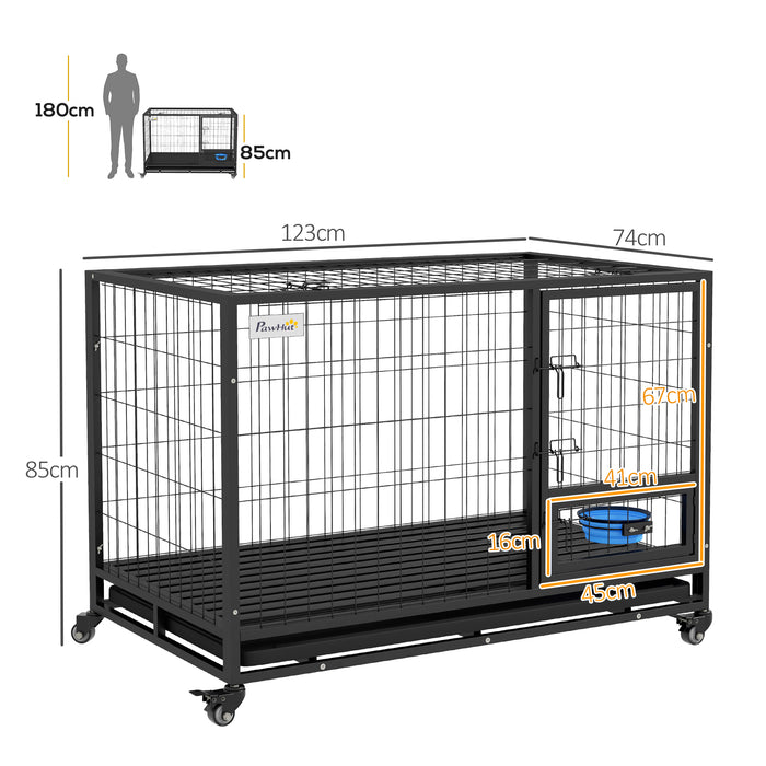 Heavy Duty 48-Inch Dog Crate with Wheels - Large and Extra-Large Double Door Pet Kennel with Bowl Holder and Removable Tray - Easy Transport and Cleaning for Big Breeds