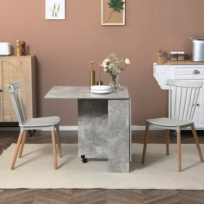 Drop Leaf Folding Dining Table with 2-Tier Storage Shelves - Compact Kitchen Table on Wheels, Cement Grey - Ideal for Small Spaces & Versatile Use