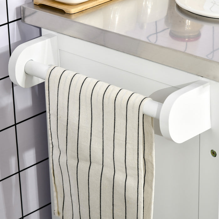 White Wooden Kitchen Island Cart - Freestanding Storage Trolley with Stainless Steel Top, Drawer & Rack on Wheels - Mobile Serving Station for Home Chefs & Entertaining