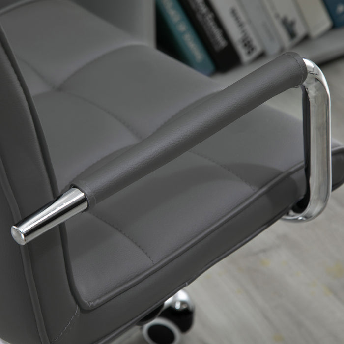 Ergonomic Mid-Back Swivel Chair in Grey PU Leather - Adjustable Height, Padded Armrests and Rolling Wheels - Ideal for Home Office and Computer Desks