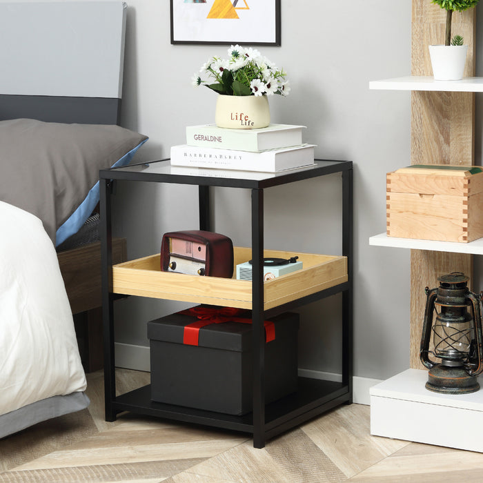 3-Tier Glass Top Side Table - End Table with Storage Shelves & Sturdy Steel Frame - Versatile Nightstand for Bedroom Organization