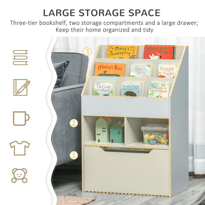 Children's Multipurpose Bookshelf with Drawer - Mobile Toy Storage Organizer and Bookcase for Kids - Ideal for Bedroom or Playroom in Stylish Grey