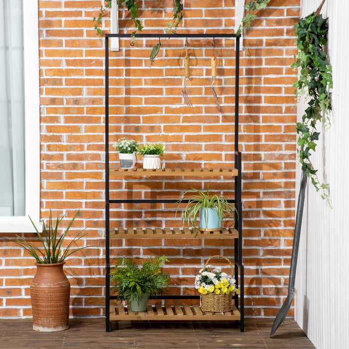 3-Tier Plant Display Stand with Hanging Hooks - Sturdy Flower Rack for Indoor & Outdoor Use - Perfect for Porch, Balcony, Living Room, and Bedroom Decoration