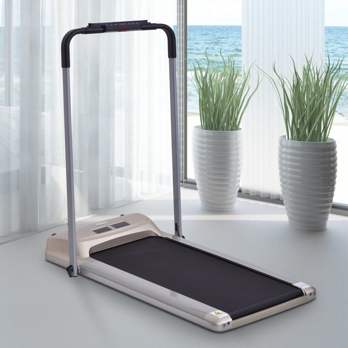 Compact Foldable Electric Treadmill with Wheels - 1-10km/h Speed Range, LCD Display & Device Holder - Convenient Home Fitness with Safety Features