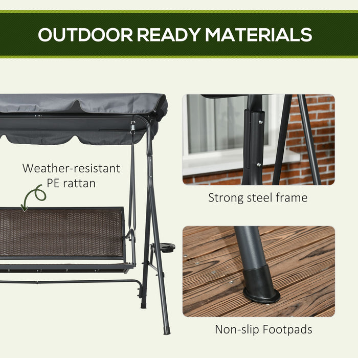 3 Seater Swing Chair with Adjustable Canopy - Rattan Bench Seat & Sturdy Steel Frame for Outdoor Relaxation - Ideal for Patio, Yard & Garden Comfort