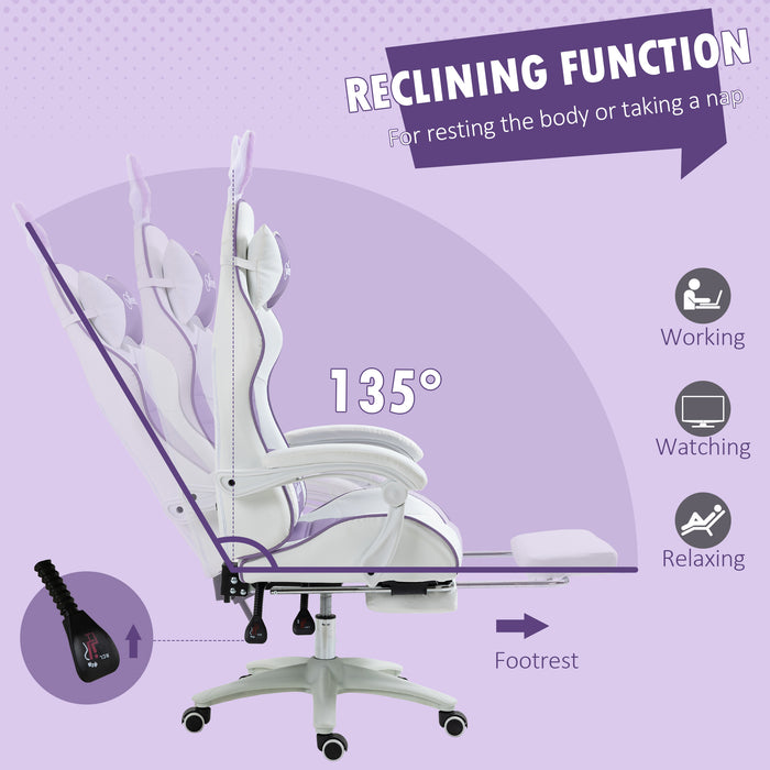 Racing Gaming Chair with Rabbit Ears - Reclining PU Leather Computer Chair, Footrest, Headrest & Lumbar Support, Purple - Ideal for Gamers & Home Office Use
