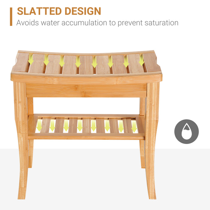 Bamboo Shower Bench with Storage Shelf - Eco-Friendly Water-Resistant Spa Stool - Ideal for Bathroom Organization and Comfort