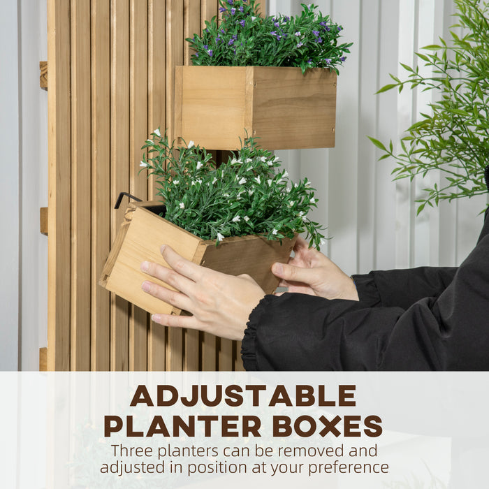 Wooden Garden Wall Planter with Trellis - Wall-Mounted Plant Holder with Drainage, 3 Adjustable Boxes - Ideal for Patio, Raised Bed Gardening in Natural Finish