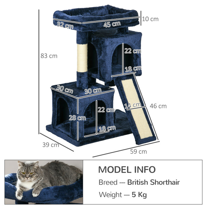 Deluxe Sisal Cat Tree with Dual Condos - Navy Blue Feline Rest & Play Station with Sturdy Scratching Posts - Ideal for Indoor Cats' Exercise and Entertainment
