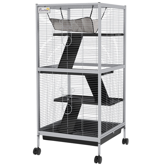 Pet Play House Cage for Small Animals - Wheeled Design with Multiple Platforms, Light Grey - Ideal for Active Pets Needing Space & Mobility