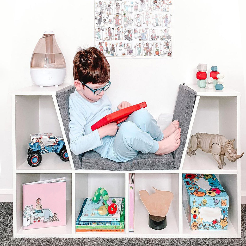 Storage Seat Bookcase with Cushion - Multi-Functional Shelf for Kids' Reading Nook, Sideboard Organizer for Bedroom and Living Room - White Kids Furniture for Organized and Comfortable Space