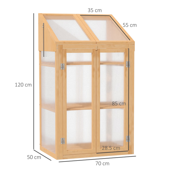 Cold Frame Wooden Greenhouse - Polycarbonate Semi-Transparent Glazing with Openable Lid and Double Doors - Ideal for Season Extension & Protecting Seedlings, 70x50x120cm, Brown