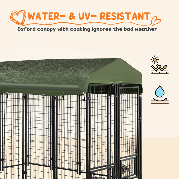 Lockable Outdoor Dog Kennel Playpen - Welded Wire Steel Fence with Water/UV-Resistant Canopy and Rotating Bowl Holders, 8x4x6ft, Green - Secure and Comfy Habitat for Pets