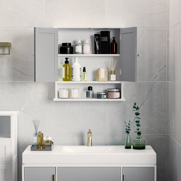 Wall-Mounted Bathroom Mirror Cabinet - Double Mirrored Doors, Storage Cupboard, and Shelf in Grey - Space-Saving Organizer for Toiletries and Essentials