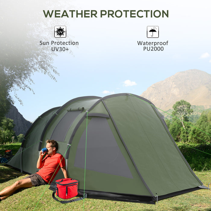 3-4 Person Two Room Tunnel Tent - Spacious Camping Shelter with Windows and Covers - Ideal for Fishing, Hiking, and Outdoor Sports, Includes Carry Bag, Green