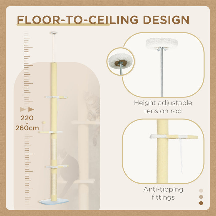 Floor-to-Ceiling Adjustable 260cm Cat Tower - Sturdy Cat Tree with Anti-Slip Kit, Fish-Shaped Scratching Post & Play Ball - Ideal for Multi-Cat Homes and Active Kittens