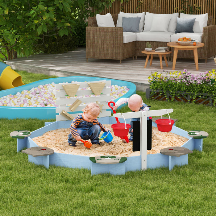 Kids' Outdoor Wooden Sandbox with Built-In Seating - Durable Play Area with 6 Blue Seats - Perfect for Backyard Fun and Creative Play