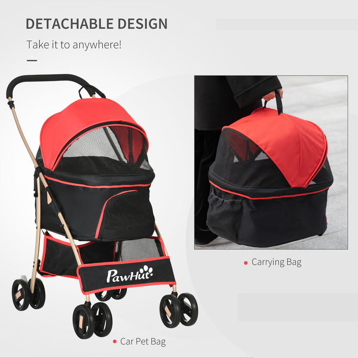 3-in-1 Detachable Pet Stroller - Foldable Dog and Cat Travel Carriage with Universal Wheel and Brake System, Red - Ideal for Extra Small & Small Sized Pets Outdoor Expeditions