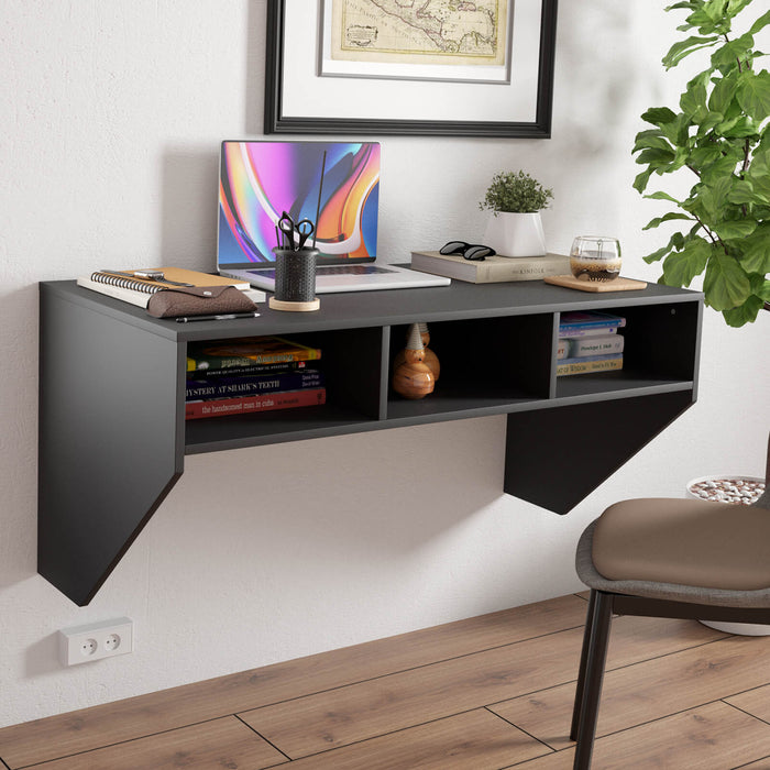 Mount-It! Wall Mounted Computer Desk - Features 3 Built-In Storage Compartments, Black Edition - Ideal For Space Saving & Organizing Your Workstation