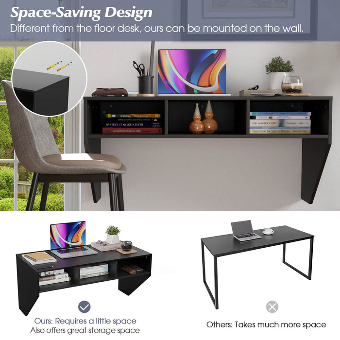 Mount-It! Wall Mounted Computer Desk - Features 3 Built-In Storage Compartments, Black Edition - Ideal For Space Saving & Organizing Your Workstation
