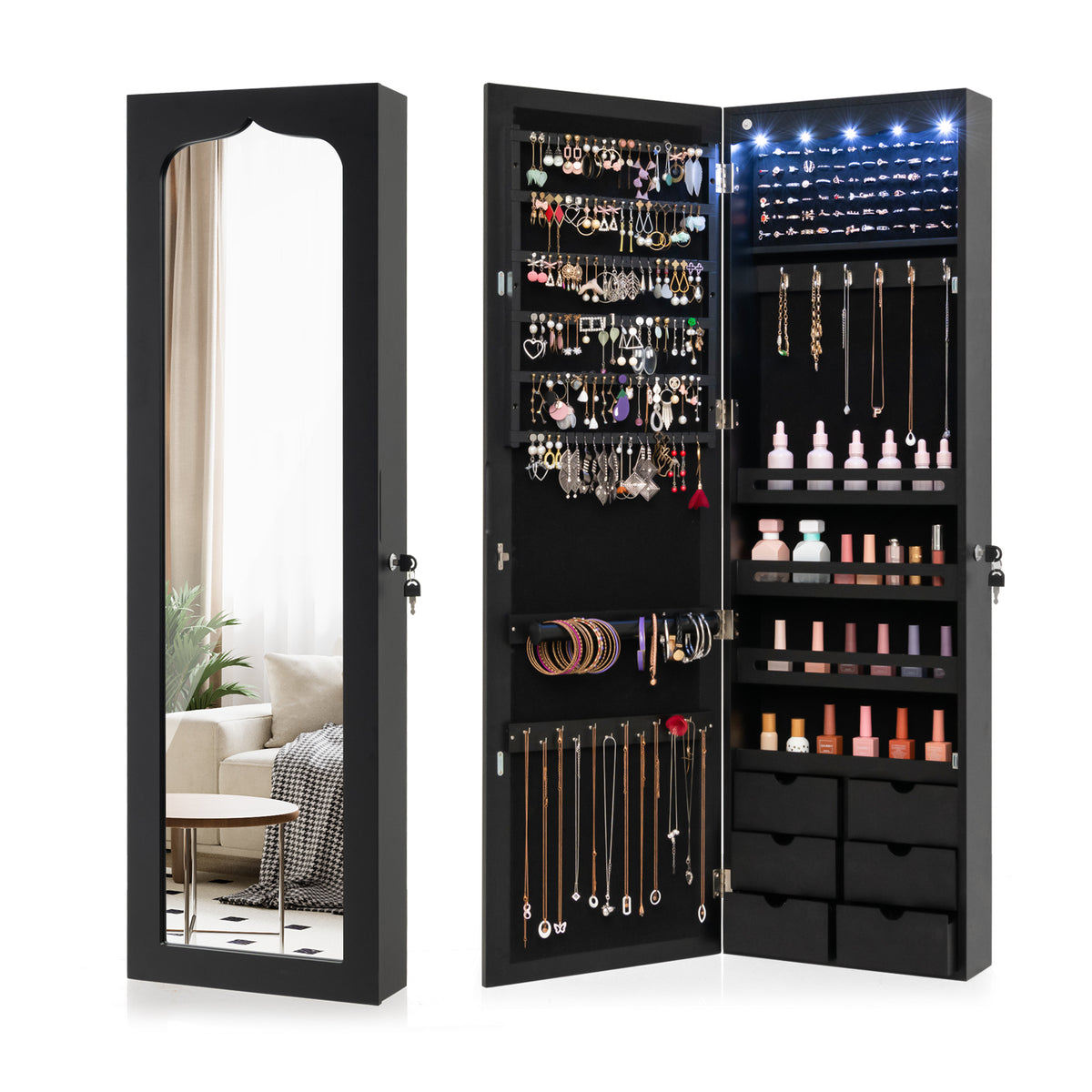 Jewellery Armoire Wall-Mounted Model - LED Light, Spacious Black Storage - Ideal for Organizing Accessories and Safekeeping Valuables