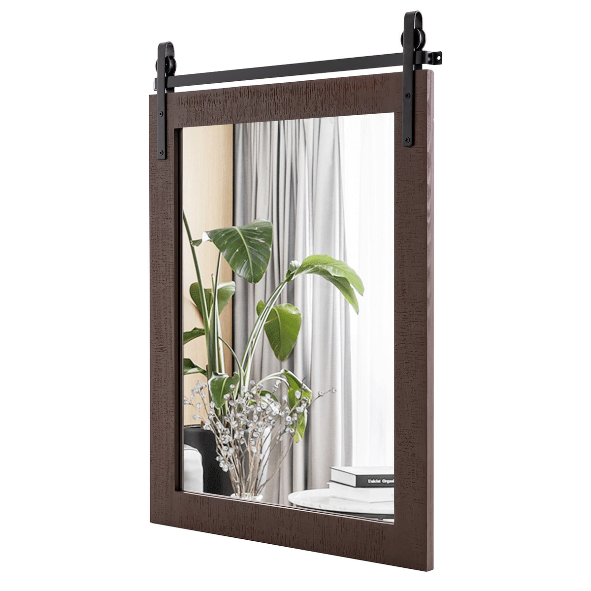 Solid Wood Frame Wall Mounted Mirror with Metal Bracket - Rustic Walnut Finish - Ideal for Hallway Decor and Home Improvement