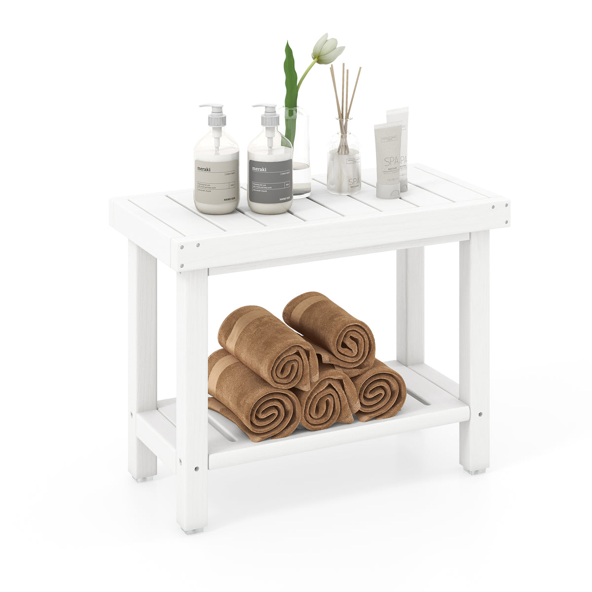 Waterproof HDPE 2-Tier Bathroom Stool - Shower Bench with Storage Shelf in White - Ideal for Bathrooms Lacking Storage Space