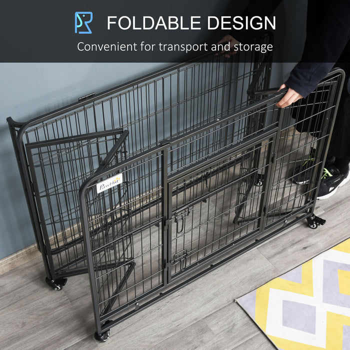 Heavy Duty Foldable Dog Crate - Double-Door Pet Cage with Removable Tray and Lockable Wheels - Durable Indoor Kennel and Playpen for Dogs