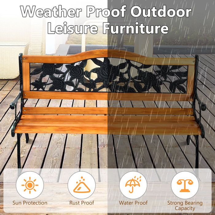 Iron and Wood Garden Bench - Weatherproof Outdoor Furniture with Solid Slats Seat - Ideal for Patio and Garden Spaces