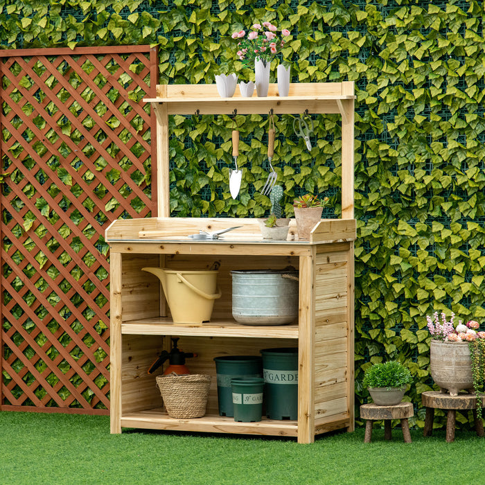 Wooden Garden Potting Bench - Galvanized Metal Workstation with Storage Shelves & Hooks - Ideal for Gardeners & Outdoor Planting