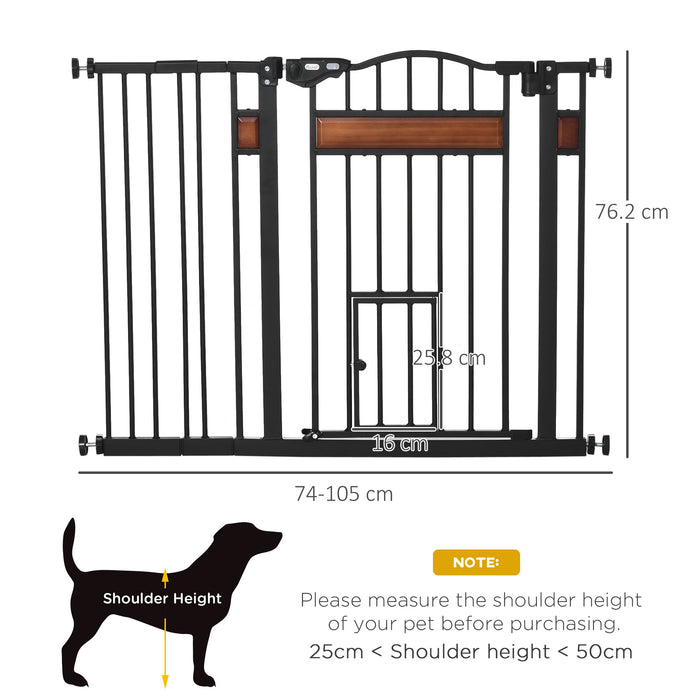 Auto Close Dog Gate with Cat Flap - Pine Wood Pet Safety Barrier with Double Locking System - Ideal for Doorways, Stairs & Indoor Areas, Adjustable Width 74-105cm, Elegant Black Finish