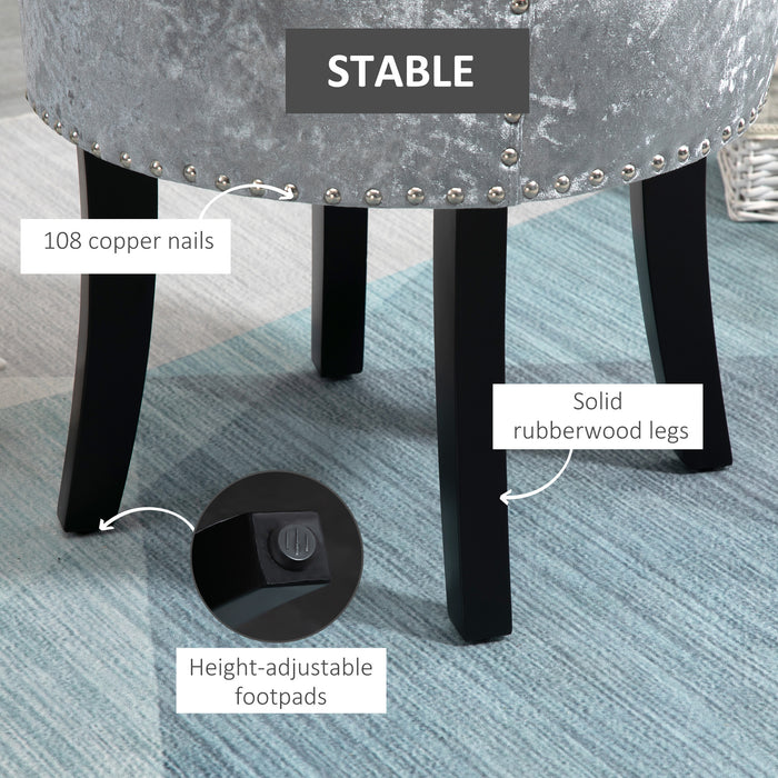 Velvet Makeup Seat with Rubber Wood Legs - Elegant Grey Dressing Table Stool for Living Room & Bedroom - Comfortable Ice Velvet Chair for Dressing Area