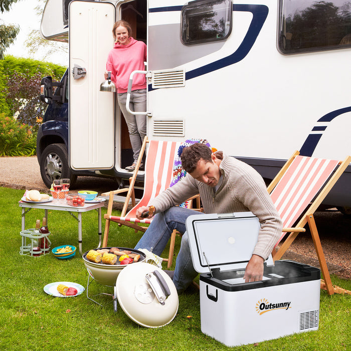 25L Portable Car Refrigerator with LED Light - 12V Compressor Cooler with Foldable Handles for Campervan, RV, and Boat - Ideal for Travel Cooling and Freezing Needs