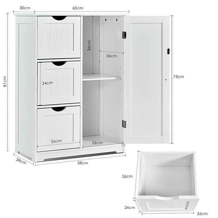 Freestanding Bathroom Cabinet - Single Door with 3 Storage Drawers - Ideal for Keeping Bathroom Neat and Organized