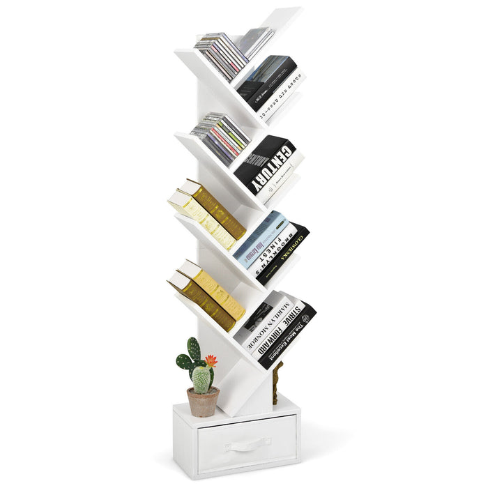 Tree Bookshelf - 10-Tier Freestanding Design with Drawer in Black - Ideal Storage Solution for Book Lovers and Organizers