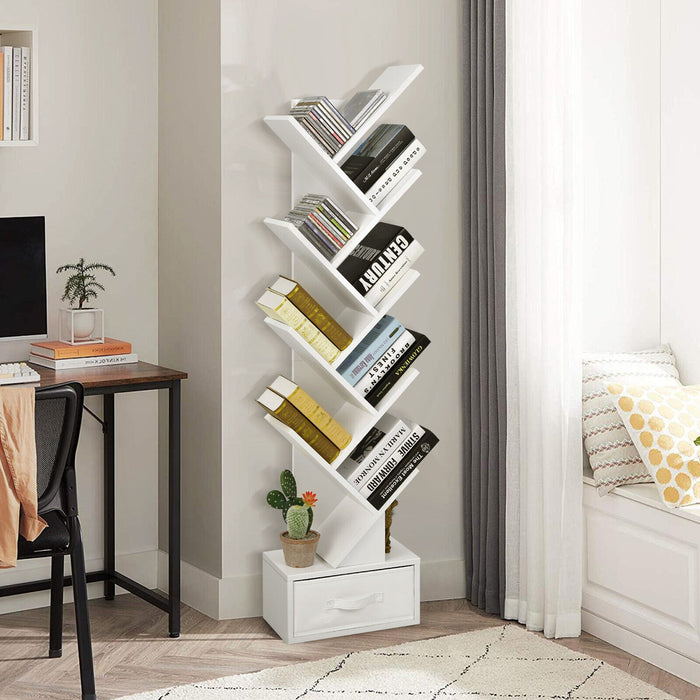 Tree Bookshelf - 10-Tier Freestanding Design with Drawer in Black - Ideal Storage Solution for Book Lovers and Organizers