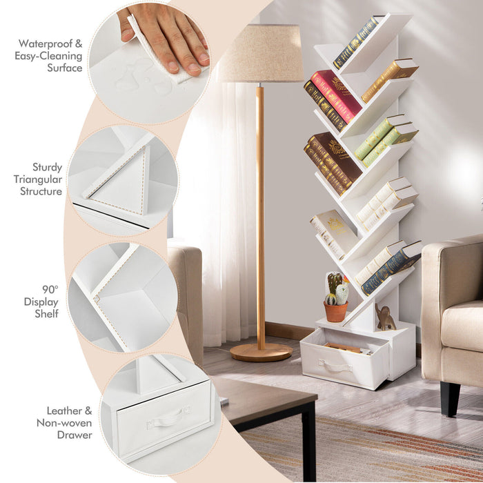 Tree Bookshelf - 10-Tier Freestanding Design with Drawer in Black - Ideal Storage Solution for Book Lovers and Organizers