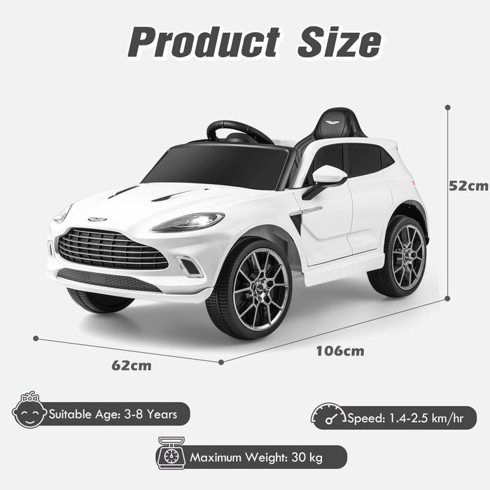 Aston Martin DBX 12V Licensed Kids Ride-On Car - Features Dual Lockable Doors and White Color - Perfect for Young Car Enthusiasts Seeking Safe and Fun Experiences