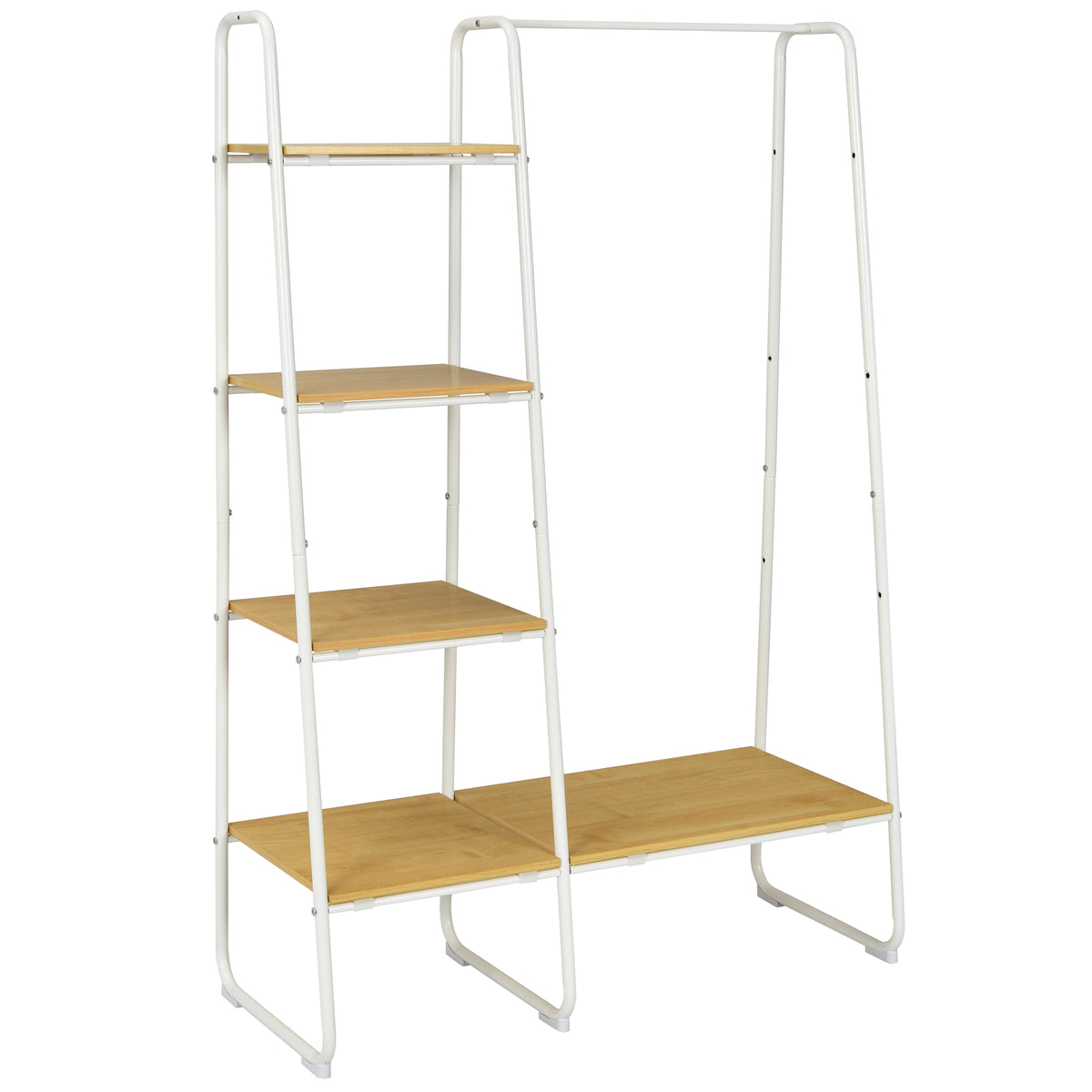 5-Tier Clothing Storage Solution - Freestanding White Garment Rack with Wooden Shelves - Perfect for Bedroom Organization