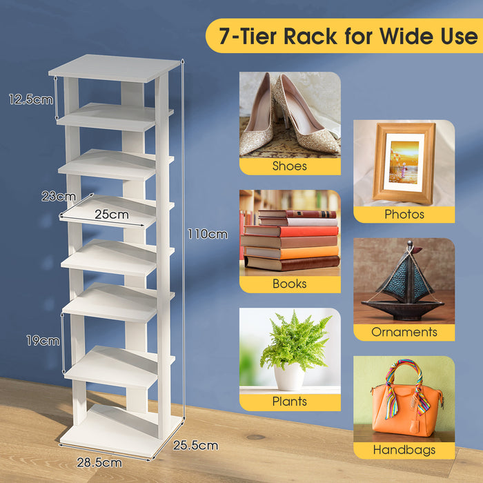 Woodworks Shoe Organizer - Vertical Wooden Rack with 7 Shelves in Black - Ideal Space Saver for Footwear Storage