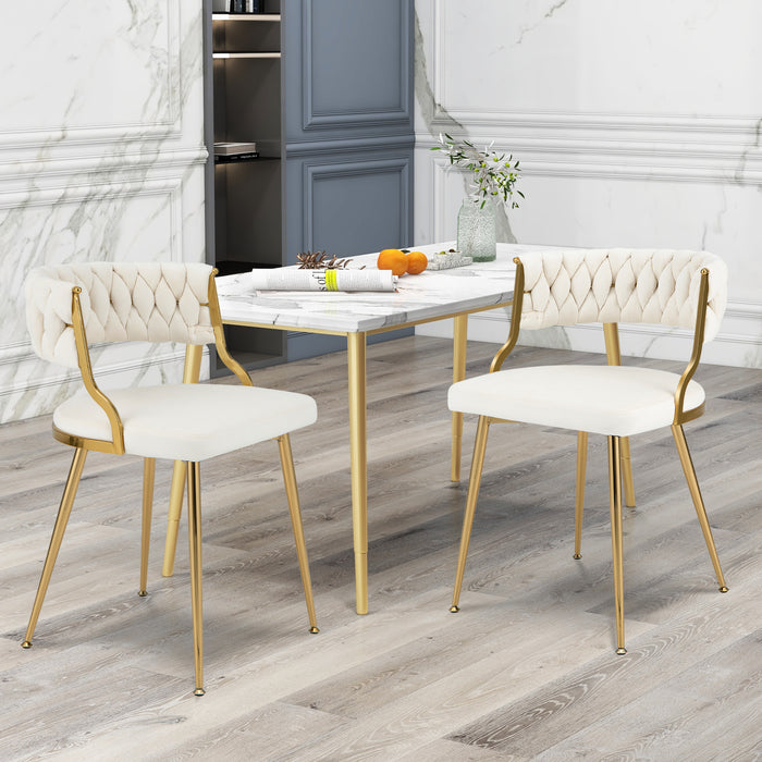 Velvet Dining Chair Set of 2 with Metal Legs - Woven Back, Grey Finish - Ideal for Contemporary Dining Rooms and Modern Home Interiors