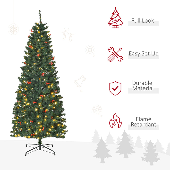 6ft Pre-Lit Slim Green Christmas Tree with LED Lights - Artificial Pencil Design with Red Berries - Festive Holiday Decor for Home Spaces