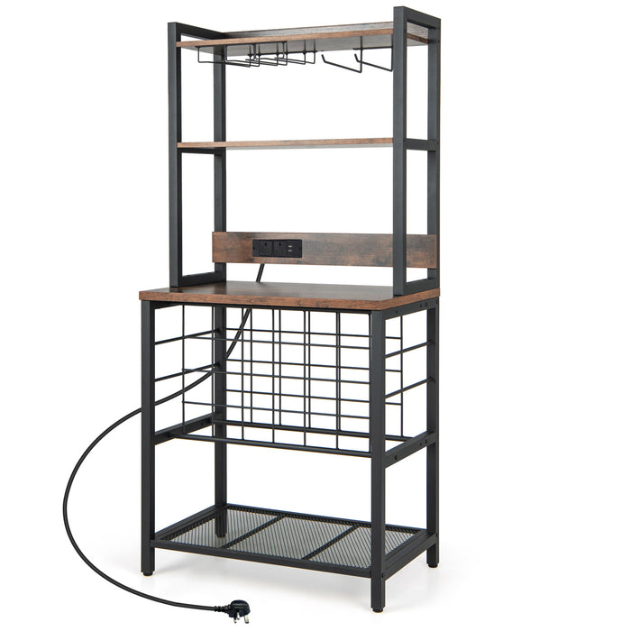 Industrial Wine Bar Cabinet - 4 Tier Design, Built-in Glass Holders, Brown Finish - Ideal for Wine Enthusiasts and Home Bars