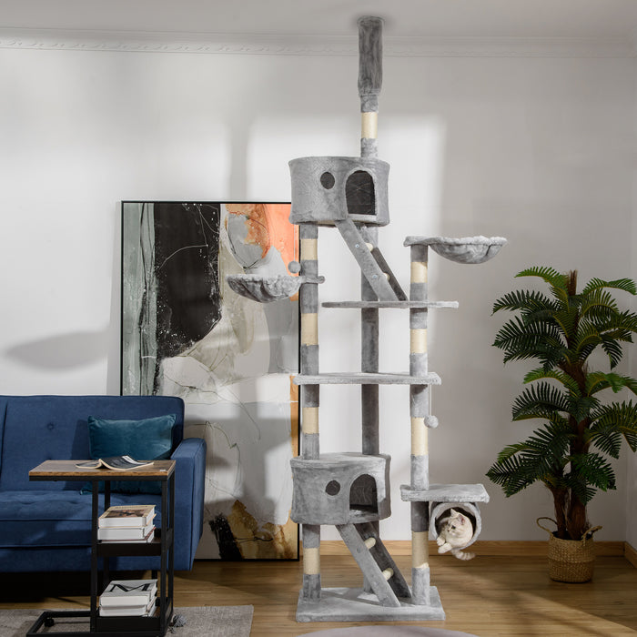 Floor-to-Ceiling Adjustable Cat Tree - 240-260cm Tall Climbing Tower for Felines in Light Grey - Ideal for Indoor Cats' Play and Exercise