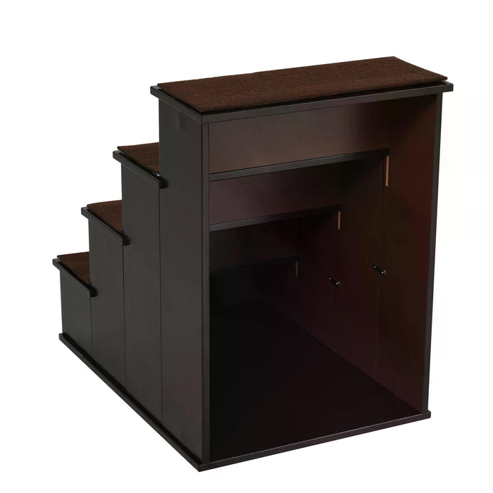 4 Step Pet Stairs in Dark Coffee - Cushioned Ramp Steps for Dogs and Cats with Non-Slip Carpet - Ideal for Bed or Couch Access for Smaller or Older Pets