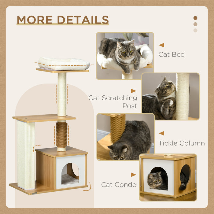 Cat Scratching Tree with Cozy House and Bed - Multi-Level Cat Perch with Posts, 59.5 x 39.5 x 114 cm in Oak Finish - Ideal for Play, Scratch, and Rest for Felines