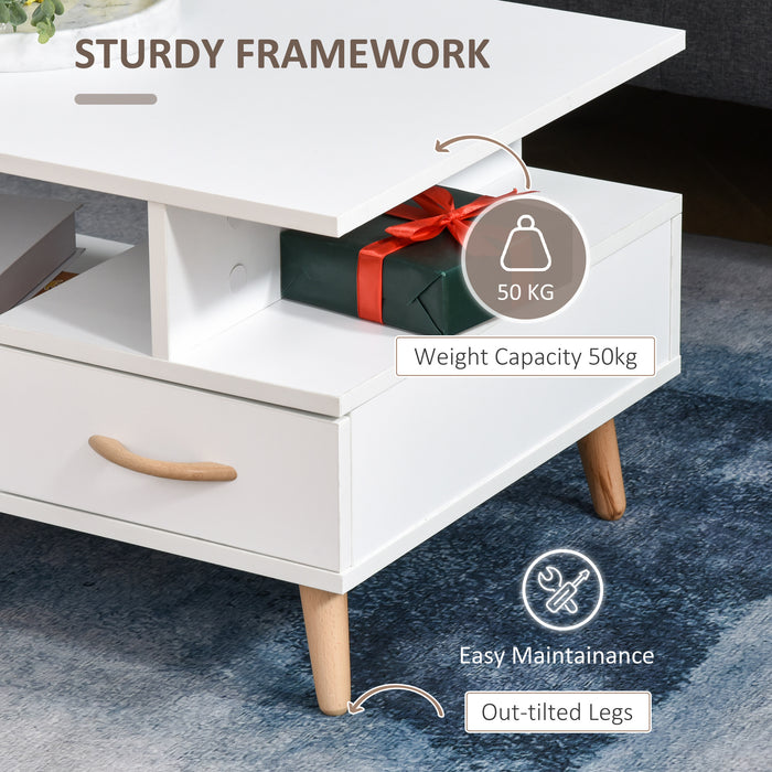 Modern Minimalism Storage Coffee Table - Sofa Side Table with Shelf & Drawer, White - Ideal for Living Room and Reception Room Organization