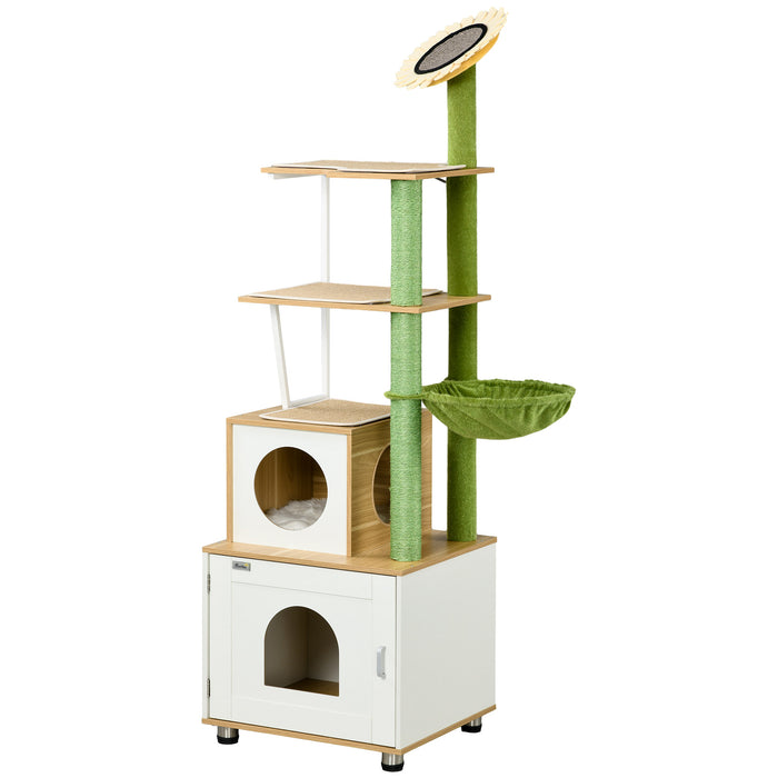 Cat Tree Litter Box Combo - Indoor Cat Enclosure with Scratching Post, Condo, Hammock & Cushioned Platforms - Ideal for Cat Relaxation and Play in Oak Finish