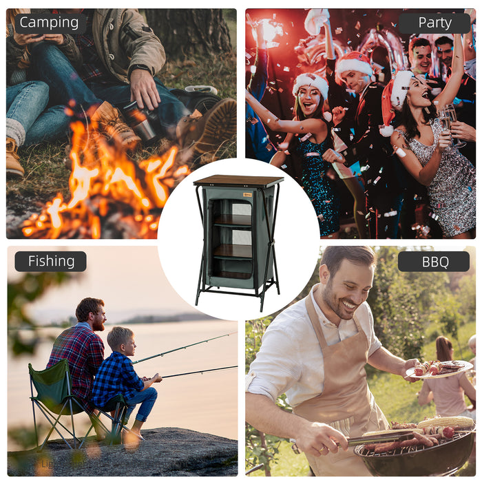 Portable Aluminum Camping Cupboard - Foldable Kitchen Station with Storage Shelves, Cook Table - Ideal for BBQ, Party, Picnic, and Backyard Events